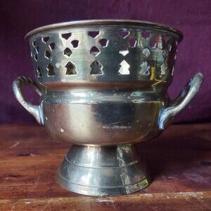 Vintage Brass Pedestal Bowl w/ Handles Filigree Top 4“ x 5” Made in India